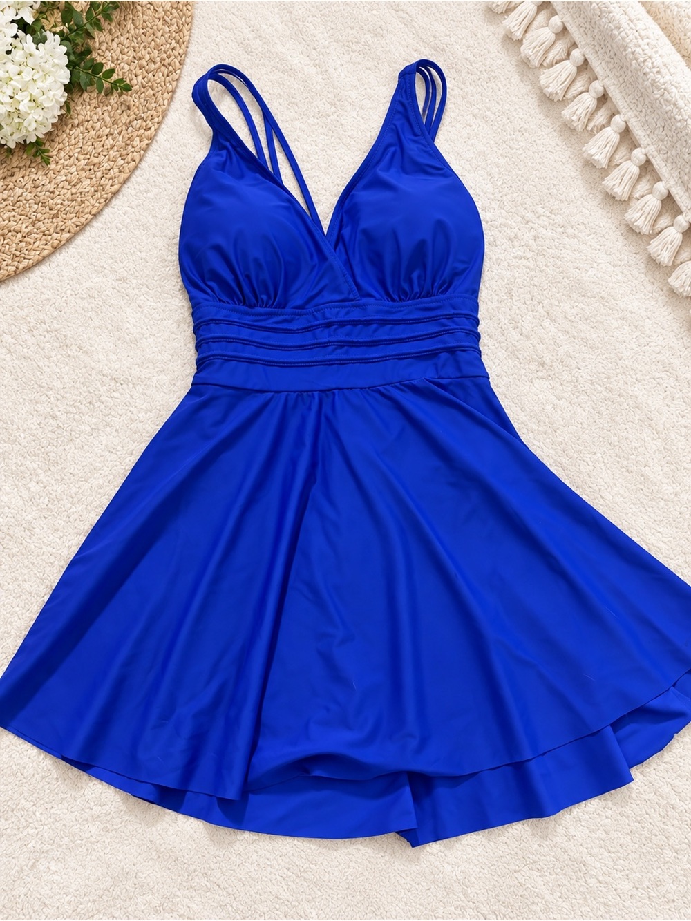 Royal Blue V-Neck One-Piece Swimdress with Strappy Back